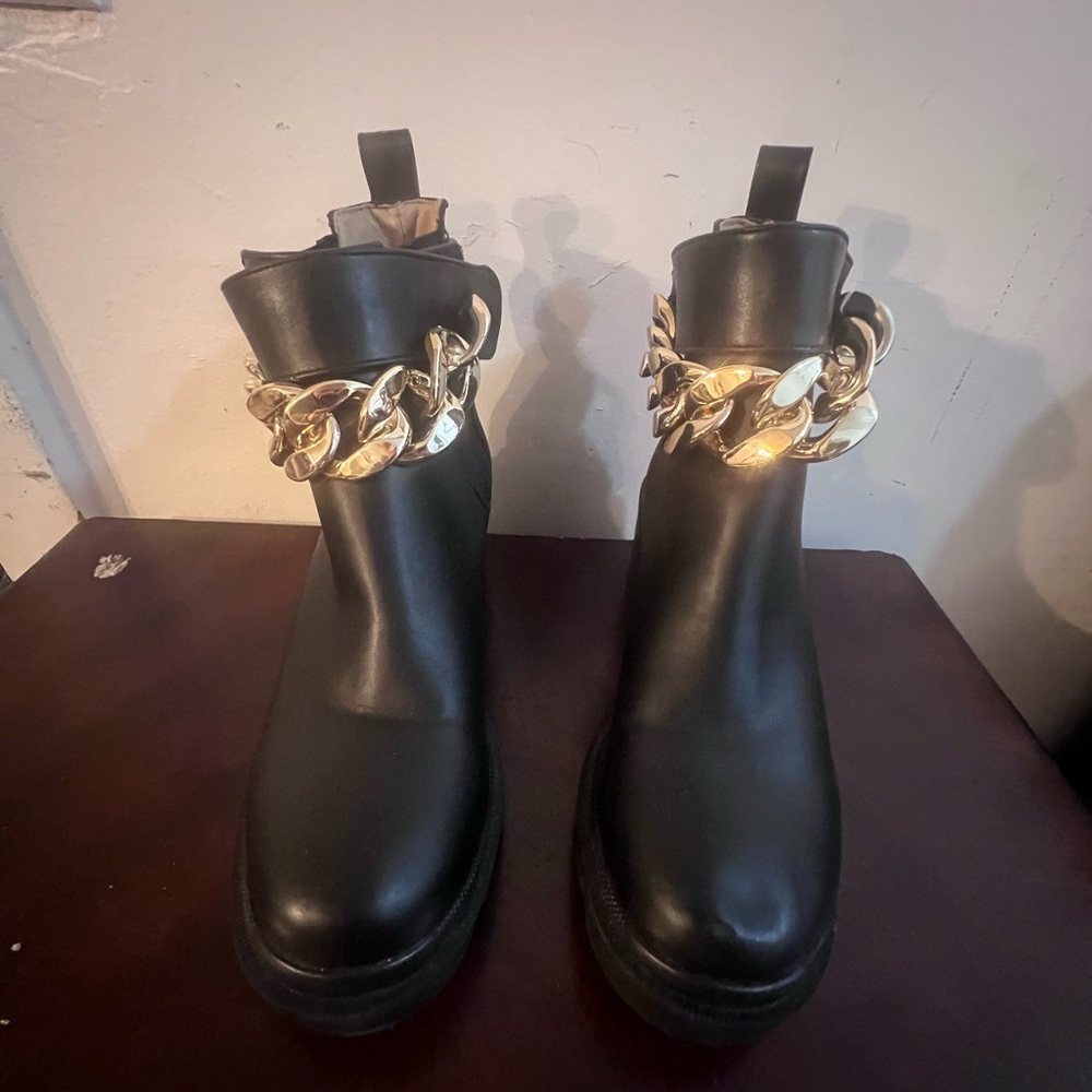 steven madden Black Ankle Boots with Gold Chain Accent